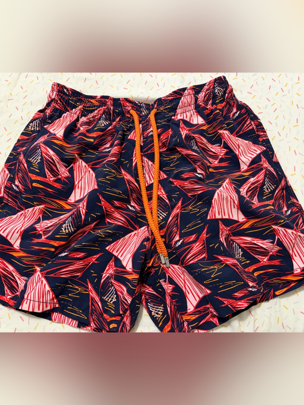 Vilebrequin Navy Swim Trunks with Pink and Orange Pattern